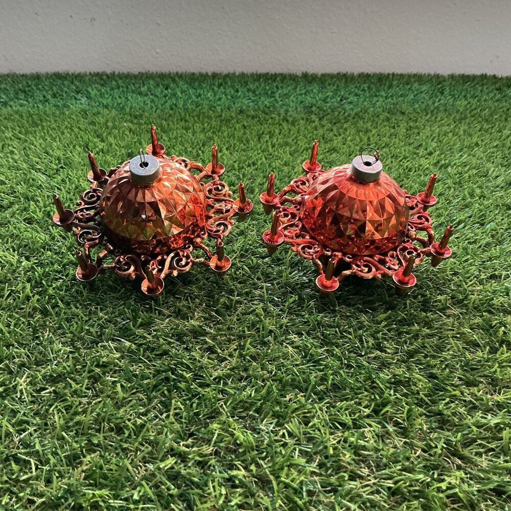 2 Vintage Bradford Luma-Lite Chandelier Christmas Ornaments Copper Orange USA
